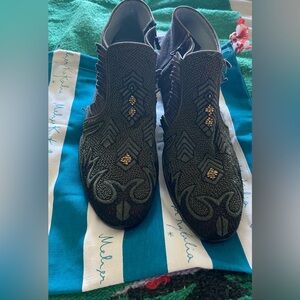 Meher Kakalia Bootie Shoe Hand Beaded Soft Leather Embellished Suede Animal